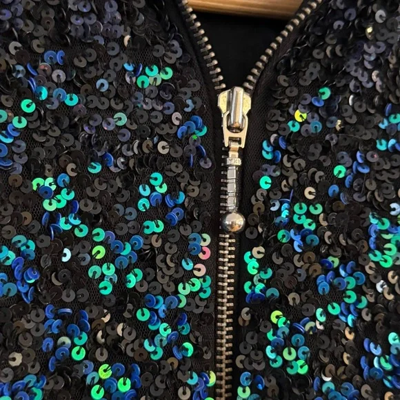 Mac Duggal Sequin Bomber Jacket Black Blue Green Zip Up Size 4 - Picture 5 of 10
